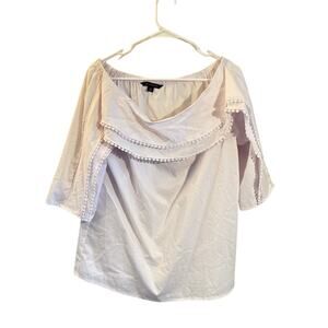 Zac & Rachel White Off-Shoulder Blouse Women’s M – Pom Pom Trim, 3/4 Sleeve